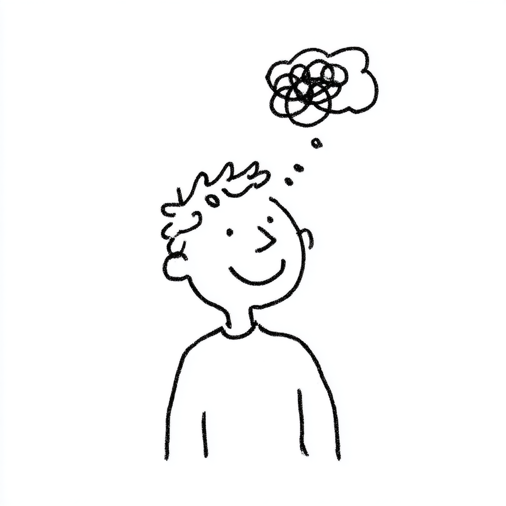 Sketch of a person with a thought bubble untangling
