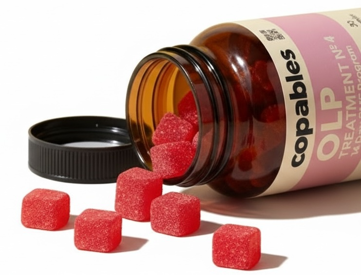 A bottle of Copables OLP gummies tipped on its side with red gummies spilling out.