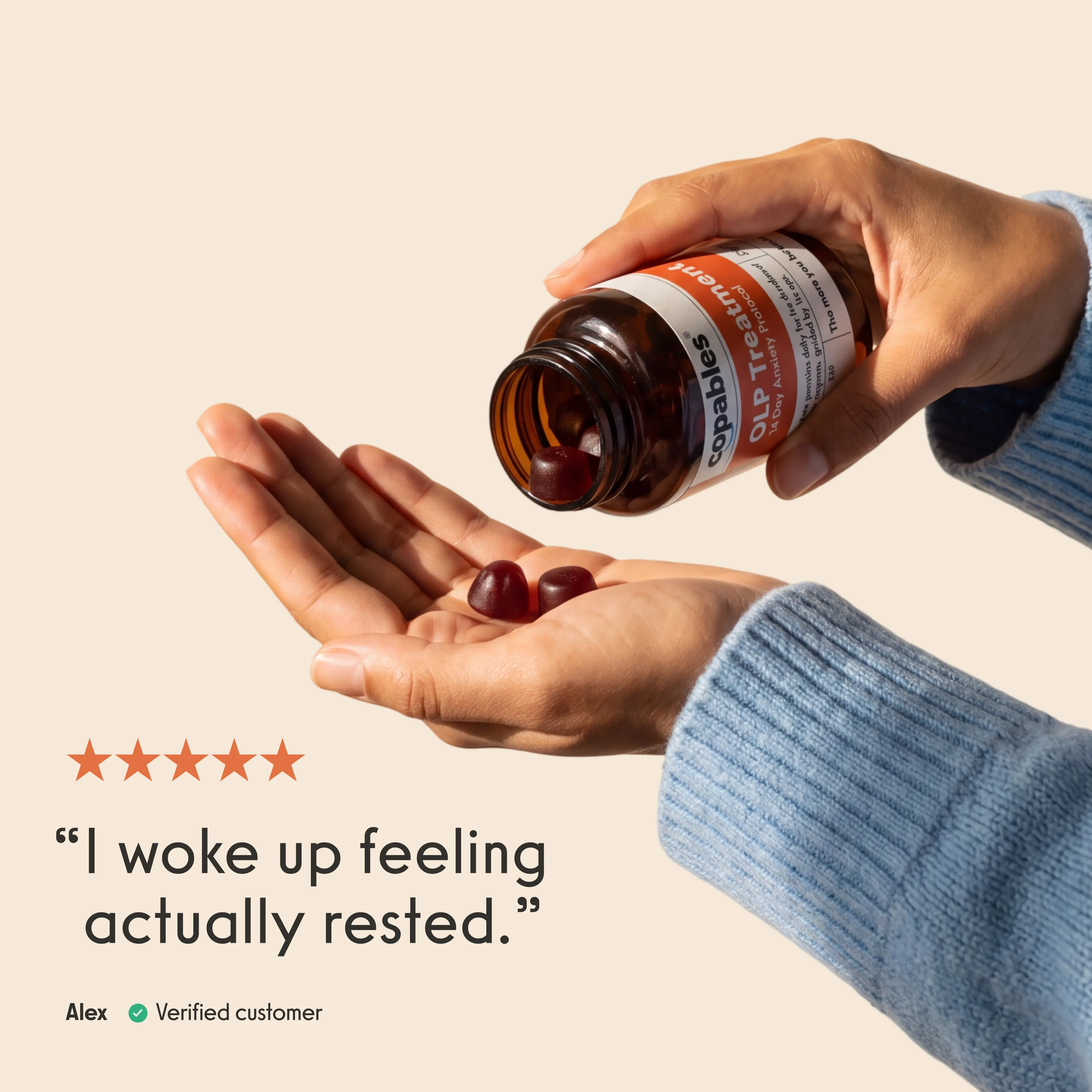 A hand pouring Copables OLP gummies into an open palm, next to a five-star review reading 'I woke up feeling actually rested.'