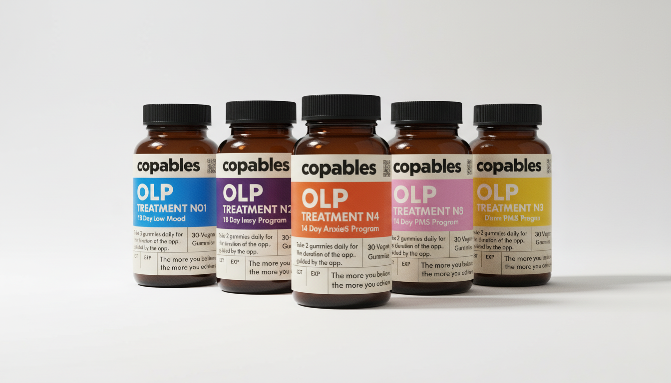 Five Copables OLP bottles — one per protocol — lined up on a soft cream backdrop.