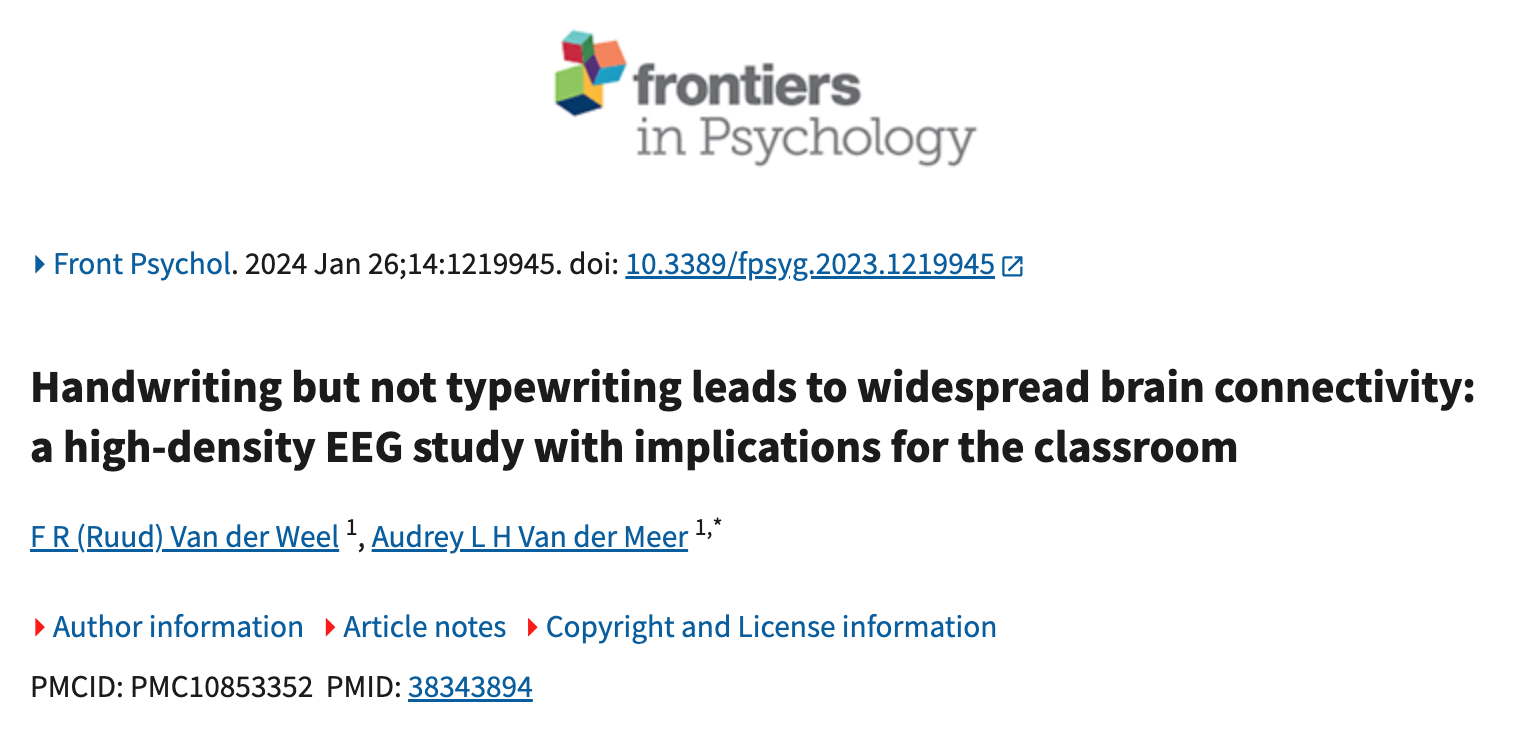 Frontiers in Psychology — Handwriting but not typewriting leads to widespread brain connectivity: a high-density EEG study with implications for the classroom